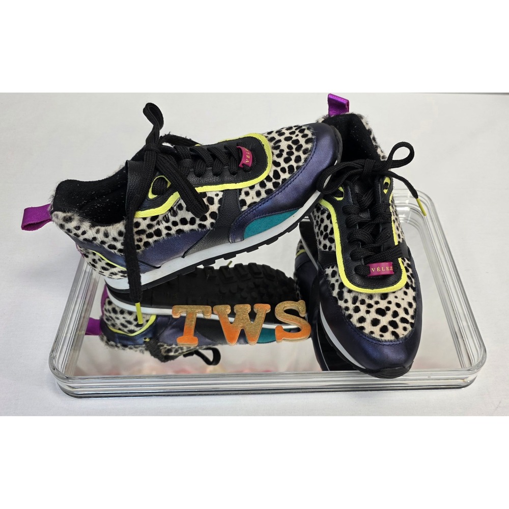 Velez Womens Animal Print Calf Hair Metallic Leather Sneakers MultiColor Size7.5